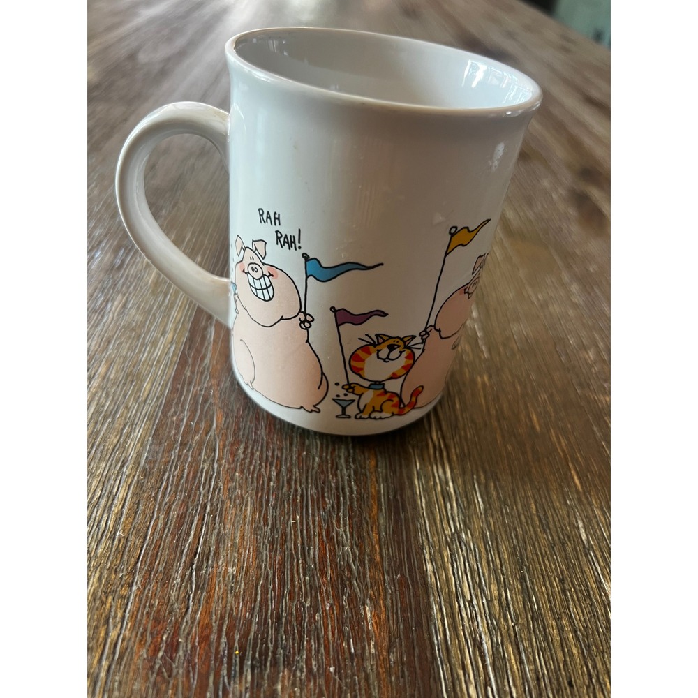 Vintage 1985 Enesco Judy Truedson Birthday Cheers Coffee Mug Pig Cat Rah Rah